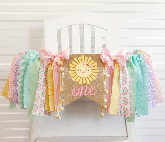 Our Little Sunshine Is ONE Pastel Rainbow Sun Sunshine 1st Birthday High Chair Banner,  High Chair Banner, 1st Birthday Cake Smash