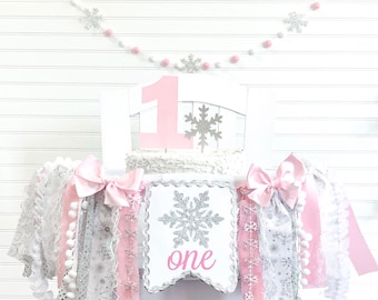 Winter ONEderland Fabric High Chair Tutu, Snowflake Banner, Pink ONEderland High Chair Banner, Garland, Ice Princess Party, Pink Silver