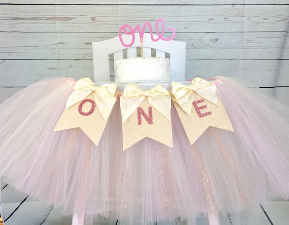 Rose Gold And Pink 1st Birthday High Chair Tutu Princess Party High Chair Banner Cake Smash High Chair One Banner