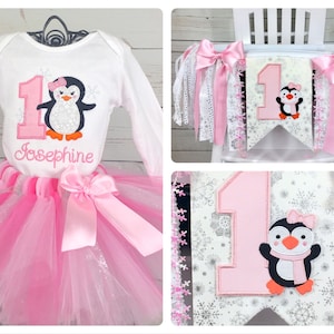 Penguin 1st Birthday Outfit and High Chair Banner, Cake Smash Banner, Highchair Garland, Winter ONEderland Birthday Outfit and Banner
