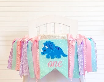 Girl Dinosaur 1st Birthday High Chair Banner, Cake Smash Banner, Wall Banner, Dino Party