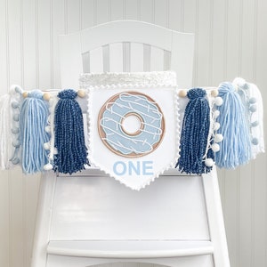 Donut 1st Birthday High Chair Birthday Tassel Banner, 1st Birthday High Chair Banner, Boy Blue Donut Party