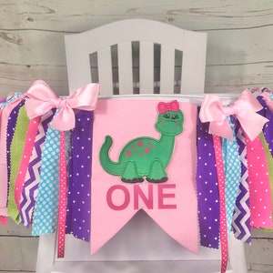 Girl Dinosaur 1st Birthday High Chair Banner, Cake Smash Banner, Wall Banner, Dino Party