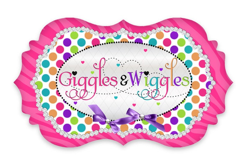 May include: Pink and white sign with a zebra print border and a white oval in the center. The oval has a white background with a black and white diamond pattern. The text "Giggles & Wiggles" is written in black cursive font with a purple ribbon bow below. The oval is surrounded by colorful polka dots.