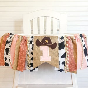 Cowgirl 1st Birthday High Chair Banner, Party Fabric Banner, Cake Smash Banner, Pink, Rodeo Banner, Backdrop Garland