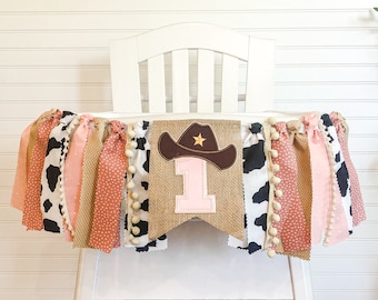 Cowgirl 1st Birthday High Chair Banner, Party Fabric Banner, Cake Smash Banner, Pink, Rodeo Banner, Backdrop Garland