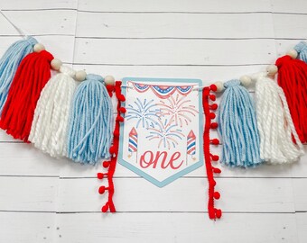 Our Little Firework Patriotic Red White Blue, High Chair Yarn Tassel Banner, High Chair Banner, Cake Smash Backdrop Banner, First Birthday,