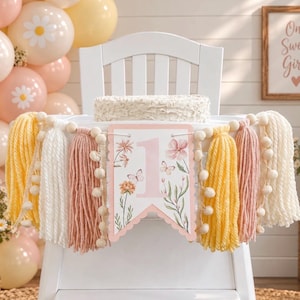 Wildflower Butterfly Birthday High Chair Yarn Tassel Banner, High Chair Banner, Cake Smash Backdrop Banner, First Birthday