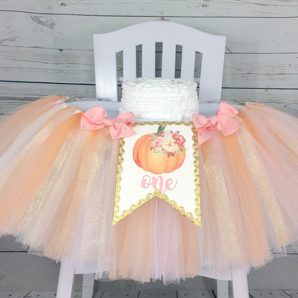 Floral Pumpkin 1st Birthday High Chair Tulle Tutu, Pumpkin Patch, Autumn Fall Banner, 1st Birthday, Pumpkin Garland, Cake Smash, Pink, Peach