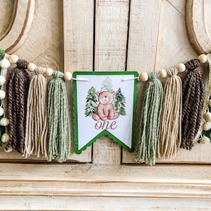 Woodland Forest Bear Birthday High Chair Yarn Tassel Banner, High Chair Banner, Cake Smash Backdrop Banner, First Birthday,