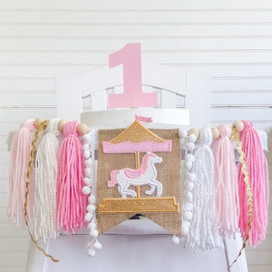 Carousel Birthday High Chair Yarn Tassel Banner, High Chair Banner, Cake Smash Backdrop Banner, First Birthday