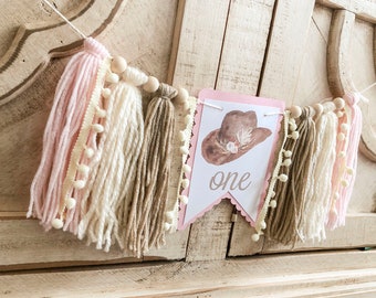 Boho Cowgirl Birthday High Chair Yarn Tassel Banner, High Chair Banner, Cake Smash Backdrop Banner, First Birthday