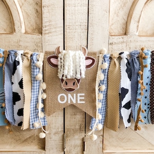 Highland Cow Rodeo 1st Birthday High Chair Banner, Party Fabric Banner, Cake Smash Banner, Blue Brown, Rodeo Banner, Backdrop Garland