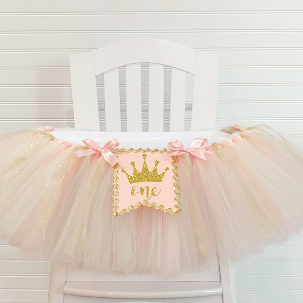 Princess 1st Birthday High Chair Tulle Tutu, 1st Birthday High Chair Banner, Blush and Gold  High Chair Tutu, Gold Glitter