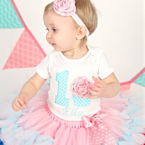 3D Cupcake 1st Birthday Tutu Outfit, Cake Smash Outfit, Pink and Aqua image 2