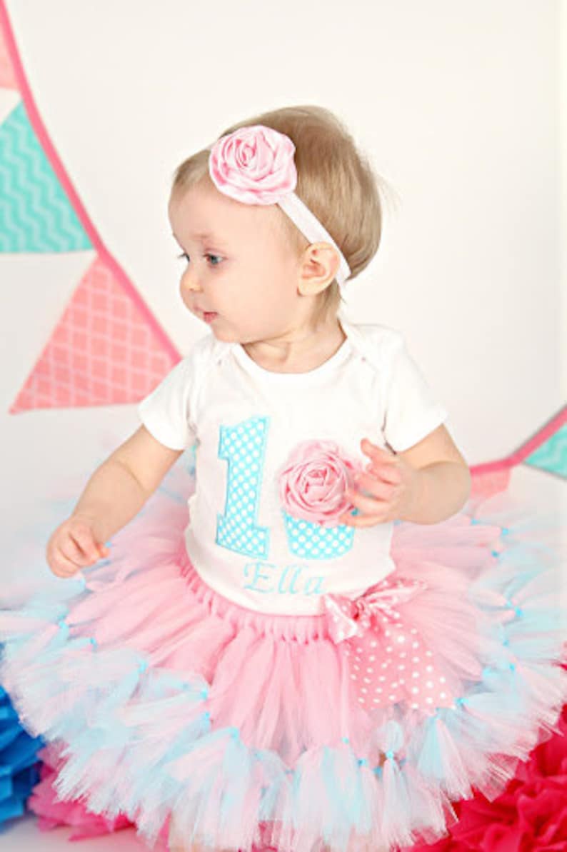 3D Cupcake 1st Birthday Tutu Outfit, Cake Smash Outfit, Pink and Aqua image 2