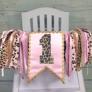 Gold Pink Leopard Birthday High Chair Banner, Jungle Safari  Banner, Zoo Banner, Animal Print, High Chair Banner, 1st Birthday Cake Smash