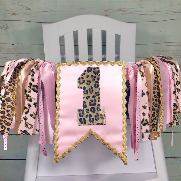Gold Pink Leopard Birthday High Chair Banner, Jungle Safari  Banner, Zoo Banner, Animal Print, High Chair Banner, 1st Birthday Cake Smash