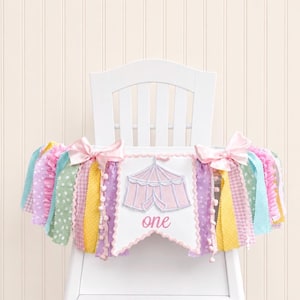 1st Birthday Pastel Circus High Chair Banner, Fabric Banner, Circus Birthday, Wall Garland, Carnival Birthday