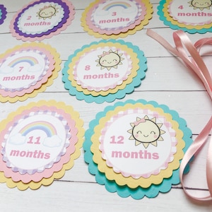 Puede incluir: Doce c&iacute;rculos de papel coloridos y festoneados con un dise&ntilde;o de arco&iacute;ris y sol. Cada c&iacute;rculo tiene un n&uacute;mero del 1 al 12 y la palabra "meses" impresa en &eacute;l. Los c&iacute;rculos est&aacute;n dispuestos en forma de semic&iacute;rculo sobre una superficie de madera. Una cinta rosa est&aacute; en el fondo.
