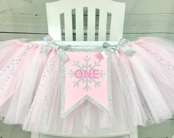 Winter Wonderland 1st Birthday High Chair Tulle Tutu, High Chair Banner, Pink and Silver, Silver Sparkle, Winter ONEderland, Snowflake