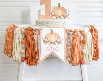 Pumpkin Birthday High Chair Yarn Tassel Banner, High Chair Banner, Cake Smash Backdrop Banner, First Birthday,