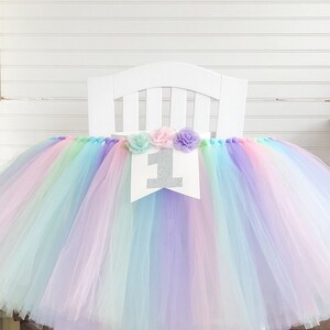 Unicorn 1st Birthday High Chair Tulle Tutu, Unicorn Banner, Pastel Snowflake High Chair Tutu, Princess Party, High Chair Banner, Cake Smash,