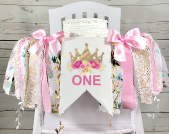 Floral Princess 1st Birthday Crown Pink and Gold High Chair Banner, Fabric Banner, Wall Banner, High Chair Tutu, Pink and Gold Birthday