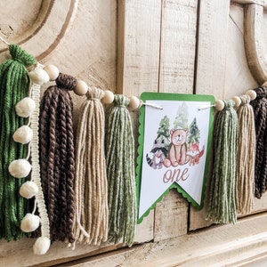 Woodland Forest Bear Camping Birthday High Chair Yarn Tassel Banner, High Chair Banner, Cake Smash Backdrop Banner, First Birthday,