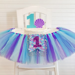 Mermaid 1st Birthday High Chair Tulle Tutu, 1st Birthday High Chair Banner, Turquoise and Purple High Chair Tutu Skirt, Sparkle, Cake Smash