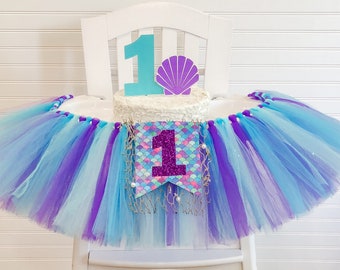 Mermaid 1st Birthday High Chair Tulle Tutu, 1st Birthday High Chair Banner, Turquoise and Purple High Chair Tutu Skirt, Sparkle, Cake Smash