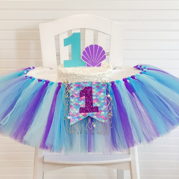 Mermaid 1st Birthday High Chair Tulle Tutu, 1st Birthday High Chair Banner, Turquoise and Purple High Chair Tutu Skirt, Sparkle, Cake Smash