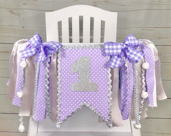 Lavender, Silver, and White Fabric High Chair Banner, Can Be Used As Wall Banner, Cake Smash, 1st Birthday, Princess Banner