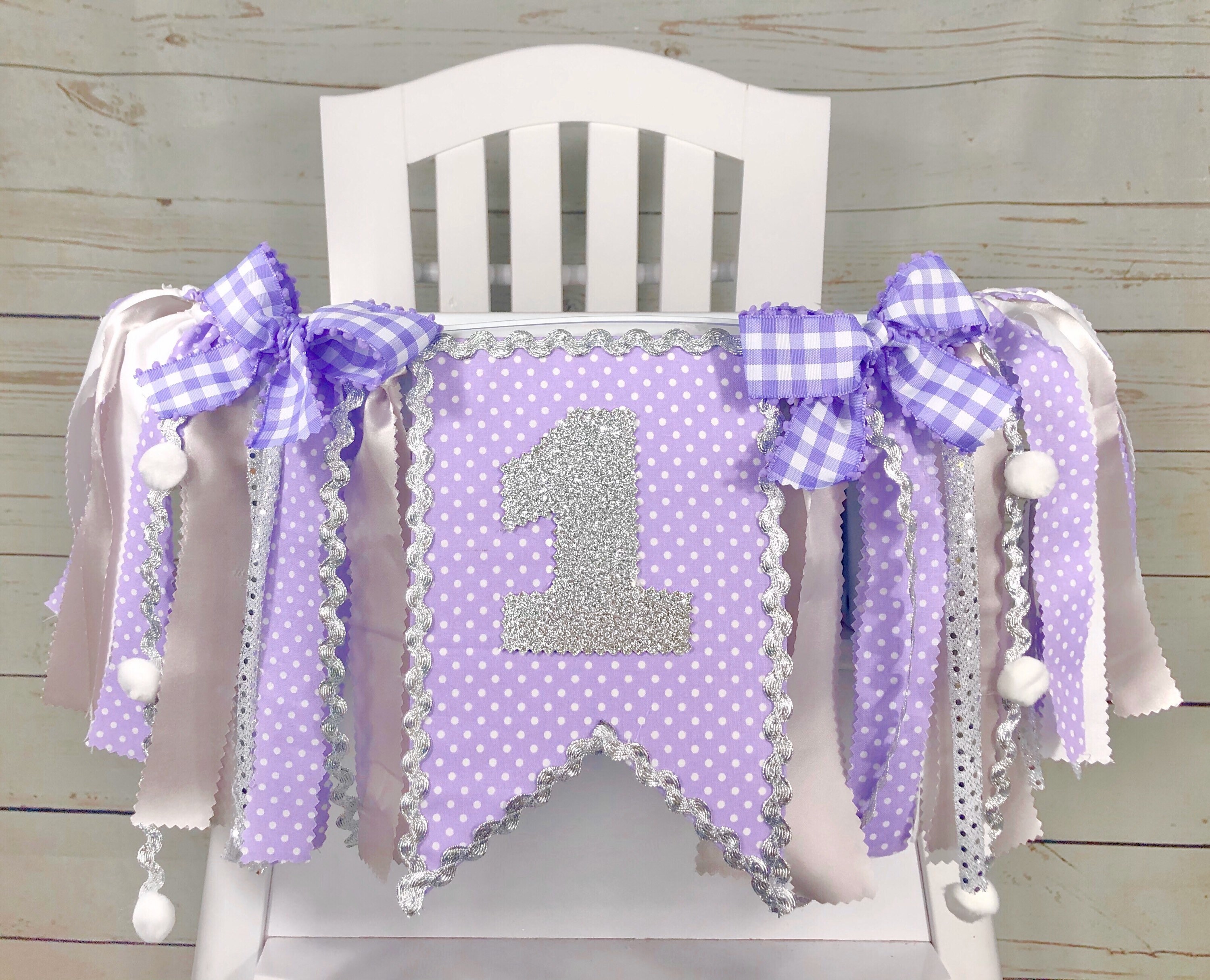 Lavender, Silver, and White Fabric High Chair Banner, Can Be Used as Wall Banner, Cake Smash