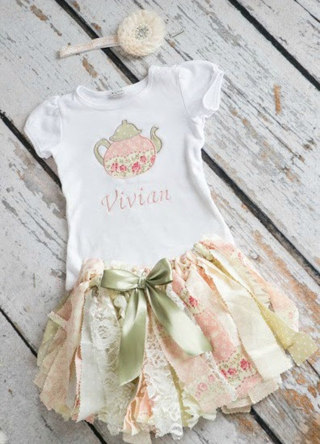 Tea Party 1st Birthday Fabric Tutu Outfit With Matching Headband