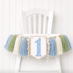 Blue Sage Ivory 1st Birthday Boy High Chair Yarn Tassel Banner, High Chair Banner, Cake Smash Backdrop Banner, First Birthday