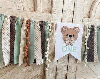 Boy Bear Sage Green 1st Birthday High Chair Banner, Can Do Custom Themes, High Chair Banner, 1st Birthday Cake Smash, HighChair Banner,