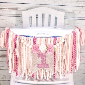 Boho Rose Gold Beaded Floral 1st Birthday High Chair Yarn Tassel Banner, High Chair Banner, Cake Smash, First Birthday