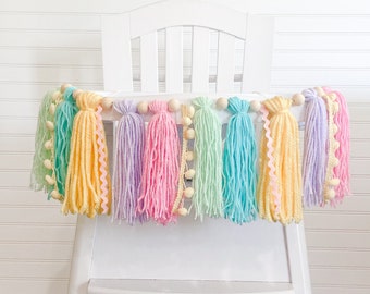 Ice Cream Pastel Rainbow Birthday Unicorn High Chair Yarn Tassel Banner, High Chair Banner, Cake Smash Backdrop Banner, First Birthday,