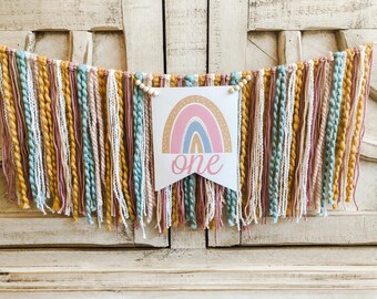 Boho Rainbow Birthday High Chair Yarn Tassel Banner, High Chair Banner, Cake Smash Backdrop Banner, First Birthday