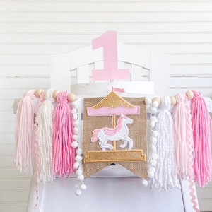 Carousel Birthday High Chair Yarn Tassel Banner, High Chair Banner, Cake Smash Backdrop Banner, First Birthday