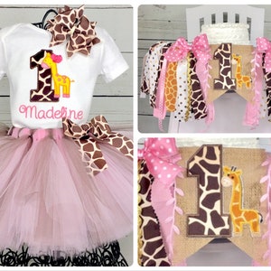 Embroidered Personalized Birthday Safari Giraffe Pink Gold Tutu Set Outfit main image 1