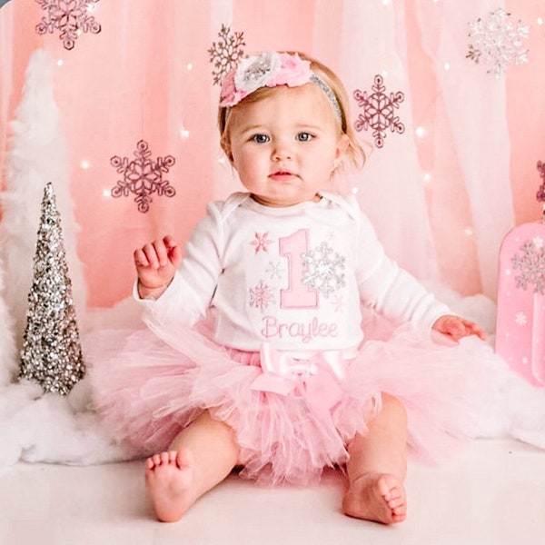 First Birthday Snowflake Tutu Outfit, 1st Birthday ONEderland Outfit Set, Pink Silver Sparkle, Cake Smash Outfit