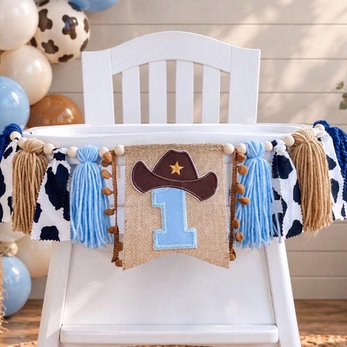 Boho Cowboy Birthday High Chair Yarn Tassel Banner, High Chair Banner, Cake Smash Backdrop Banner, First Birthday