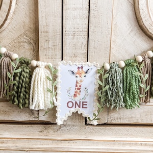 Wild One Jungle Safari Birthday High Chair Yarn Tassel Banner, High Chair Banner, Cake Smash Backdrop Banner, First Birthday, Giraffe