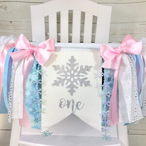 Winter ONEderland Fabric High Chair Tutu, Pink ONEderland HighChair Banner, Garland, Ice Princess Party, Snowflake Banner, Pink Silver Blue
