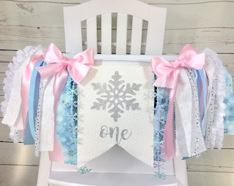 Winter ONEderland Fabric High Chair Tutu, Pink ONEderland HighChair Banner, Garland, Ice Princess Party, Snowflake Banner, Pink Silver Blue