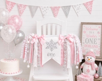 Winter ONEderland Fabric High Chair Tutu, Snowflake Banner, Pink ONEderland High Chair Banner, Garland, Ice Princess Party, Pink Silver