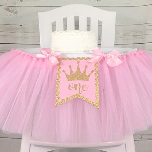 Princess 1st Birthday High Chair Tulle Tutu, 1st Birthday High Chair Banner, Pink and Gold  High Chair Tutu, Gold Glitter