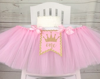 Princess 1st Birthday High Chair Tulle Tutu, 1st Birthday High Chair Banner, Pink and Gold  High Chair Tutu, Gold Glitter